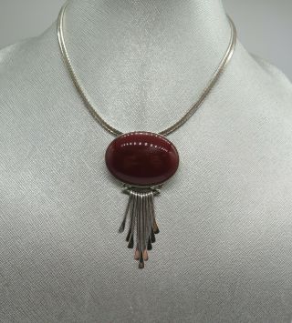 Vintage Ais Mexico Sterling Silver Large Carnelian Pendant Brooch On Italy Chain