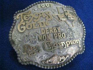 Gist 1991 Texas Gold Derby Non Pro Champion Rodeo Sterling 1/10 10k Gold Buckle