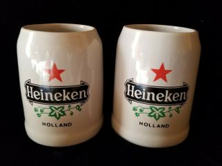 Set Of 2 Vintage Heineken Holland Beer Mug Stein Ceramic White