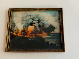 Vintage Framed,  Hand Colored,  Photograph,  Erupting Volcano