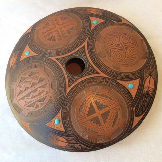 Native American Navajo Harrison Tom Vase Bowl Pottery,  Tortoises,  16 " D X 3.  5 " T