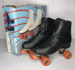 Vintage Roller Derby Mens Black Roller Skates Size 11 Urethane 28 Wheels W/ Box