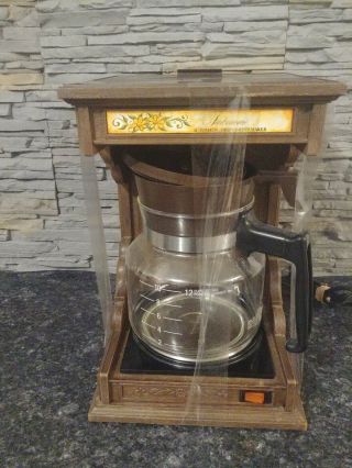 Vintage Faberware 1970s Automatic Drip Coffee Maker & Carafe Wood Brown Retro