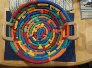 Vintage Rag Rug Basket Handmade Woven Braid Multi - Color W/ 2 Carved Wood Handles