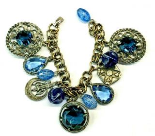 Vintage Silver Etruscan Revival Charm Bracelet – Blue Stones