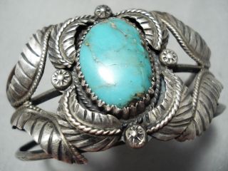 Substantial Vintage Navajo Royston Turquoise Sterling Silver Leaf Bracelet
