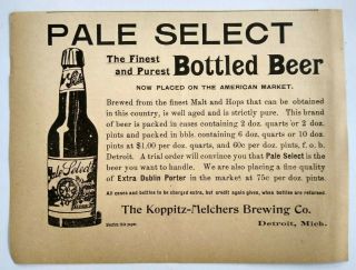 1896 Detroit Beer Koppitz Mechers Brewing Co.  Bottle Vintage Print Advertising 2