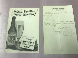 Hyde Park Beer Advertising And 1910 Hyde Park Brewery Stationary St.  Louis Usa