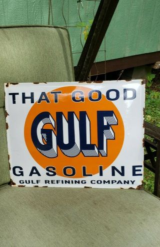 Good Gulf Gasoline Porcelain Sign Gas Pump Plate Vintage Brand Motor Oil Co.