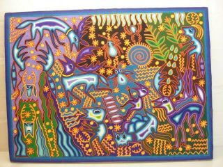 32 " X 24 " Huichol Yarn Painting Mexican Folk Art Handmade On Board Look