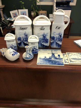 Vintage Assortedn Delft Canisters And Tiles,  Oil Pitcher Etc.