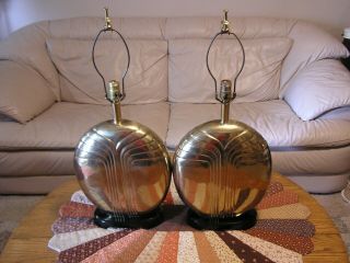 Vintage Pair Large Solid Brass Mid Century Lamps With Wooden Bases Mrkd = Cl.  2