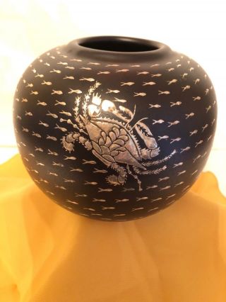 Emilia Los Castillo Silver Crab Fish Black Pottery Bowl Vase Taxco Mexico