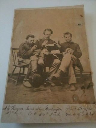 Antique Civil War Photo On Board Of 3 Union Soldiers Playing Cards