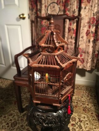 Large Vintage Chinese Style Domed Birdcage Made From Dark Rich Wood And Wire