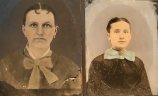 2 Full Plate Tintype Portraits Of Victorian Women With Big Bows Heavily Painted