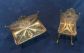 Vintage Sterling Silver Filigree Doll House Furniture - Rocking Chair And Bench