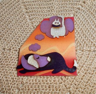 Vintage PET PINS By LUCINDA Brooch Pin DOG Dreaming of CAT Orange Purple A286 2