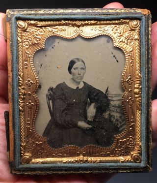 Antique Victorian 1/6th Plate Daguerreotype Early Image Of A Lady In Half Case