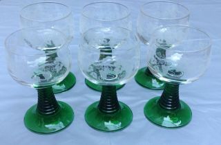 Set Of 6 French Arcoroc Wine Glasses Green Beehive Ribbed Stem.  Hock.  Small 0.  1l