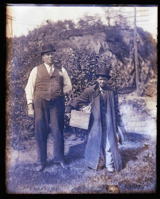 (1) Early 1900s Antique Glass Negative - 2 Men 1 With Badge 1 With Shoe Shine Box