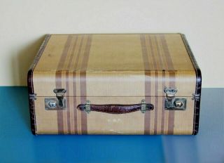 Vintage Suitcase Leather Striped Tweed Cloth Hard Shell Luggage Briefcase 1940s