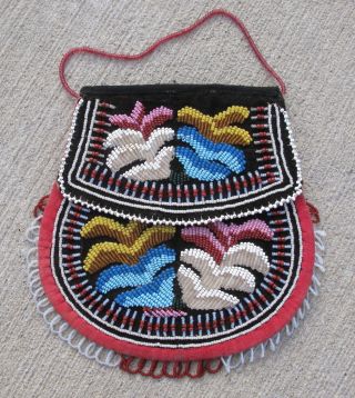 Antique Native American Iroquois Beaded Bag Purse Glass Seed Beads 7.  25x7.  25in