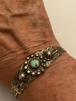 Vintage Fred Harvey Era Navajo Turquoise Sterling Silver Stamped Cuff Bracelet