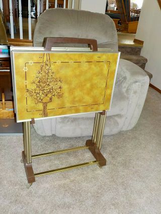 Vintage Lavada Tv Trays Set Of 4 With Wheeled Rack/cart Hanging Flower Basket