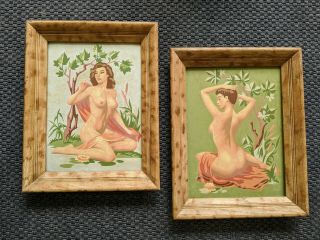 Vintage Paint - By - Number Nude Pbn 1955 Matched Pair 12x16 W Mcm Frames