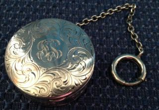 Vintage Sterling Silver Trinket Snuff Box With Chain,  Engraved,  Mono,  3958/6084