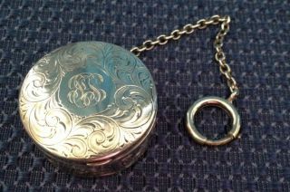 VINTAGE STERLING SILVER TRINKET SNUFF BOX WITH CHAIN,  ENGRAVED,  MONO,  3958/6084 2