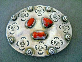 Old Native American Indian Coral Sterling Silver Thunderbird Stamped Belt Buckle
