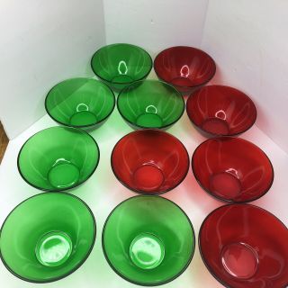 Vtg Arcoroc France - Emerald Green,  Ruby Red Classique Glass - 11compote/snack Bowls