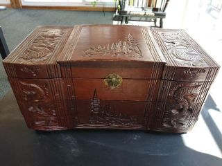 Large Asian Wooden Jewelry Box With Mirror And Music