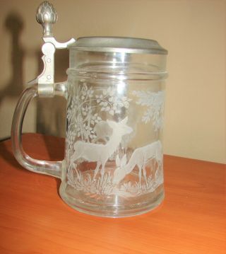 Rein Zinn Clear Glass Beer Stein Etched Deer Buck & Does Fawn Forest Pewter