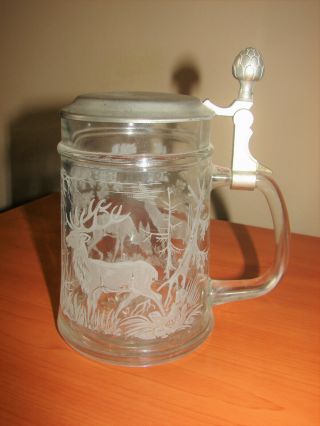 Rein Zinn Clear Glass Beer Stein Etched Deer Buck & Does Fawn Forest Pewter 3