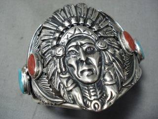 ONE OF MOST DETAILED VINTAGE NAVAJO TURQUOISE CORAL STERLING SILVER BRACELET 2