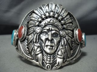 ONE OF MOST DETAILED VINTAGE NAVAJO TURQUOISE CORAL STERLING SILVER BRACELET 3