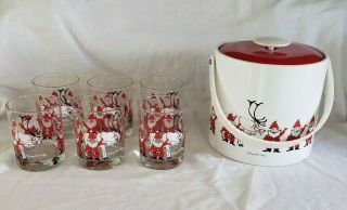 Vintage Georges Briard Ice Bucket Santa Reindeer And 6 Matching Lowball Glasses