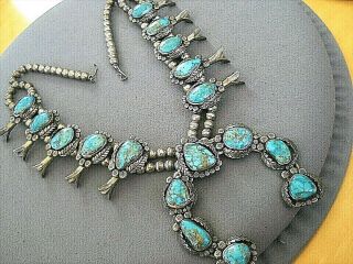 Native American Turquoise Sterling Silver Squash Blossom Naja Bead Necklace