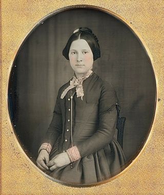 Pretty Young Lady Pink Tinted Ribbons Identified 1/6 Plate Daguerreotype F690