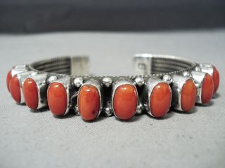 Incredible Signed Vintage Navajo Coral Sterling Silver Wire Bracelet
