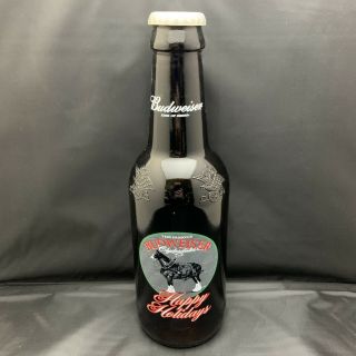Large Budweiser King Of Beers Jumbo Glass Beer Bottle Bank Happy Holidays 15”