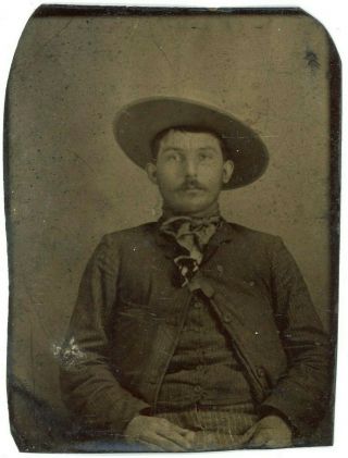 Western Cowboy Handsome Tough Guy 1/6 Plate Tintype Antique Photo