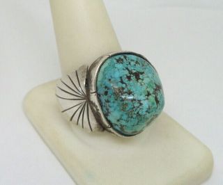 Navajo Signed Fp Sterling Silver Large 19mm Turquoise Stamp Work Ring S10.  75 Sun