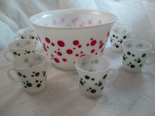 Vintage Hazel Atlas Red & Green Polka Dot Punch Bowl Set 6 Cups