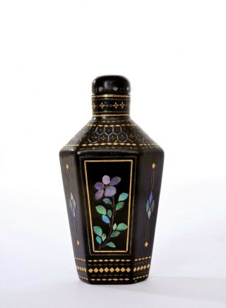 Vintage Chinese Lac Burgaute Black Lacquer Mother Of Pearl Inlay Snuff Bottle