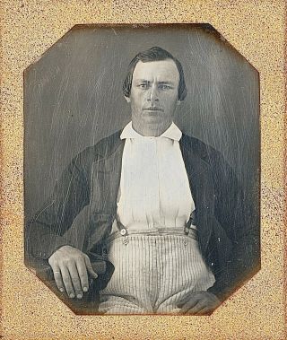 Man With Striped Trousers Pulled Up High Suspenders 1/6 Plate Daguerreotype F646