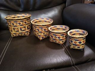 Vintage Set Of Four Choctaw Indian Double Weave River Cane Baskets